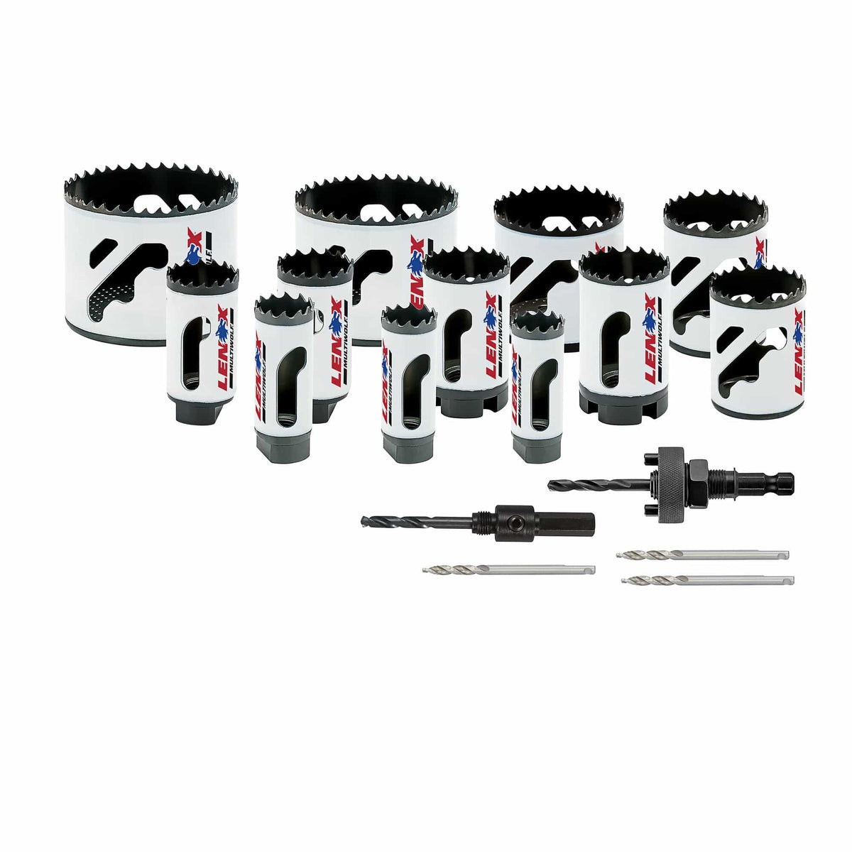 Complete hardware layout of the LENOX 308201200G 17 piece contractor bi-metal hole saw kit displaying twelve high-speed steel hole saws ranging from 0.625 to 3 inches, two universal arbors, and three step bit pilot drills for industrial material penetration.