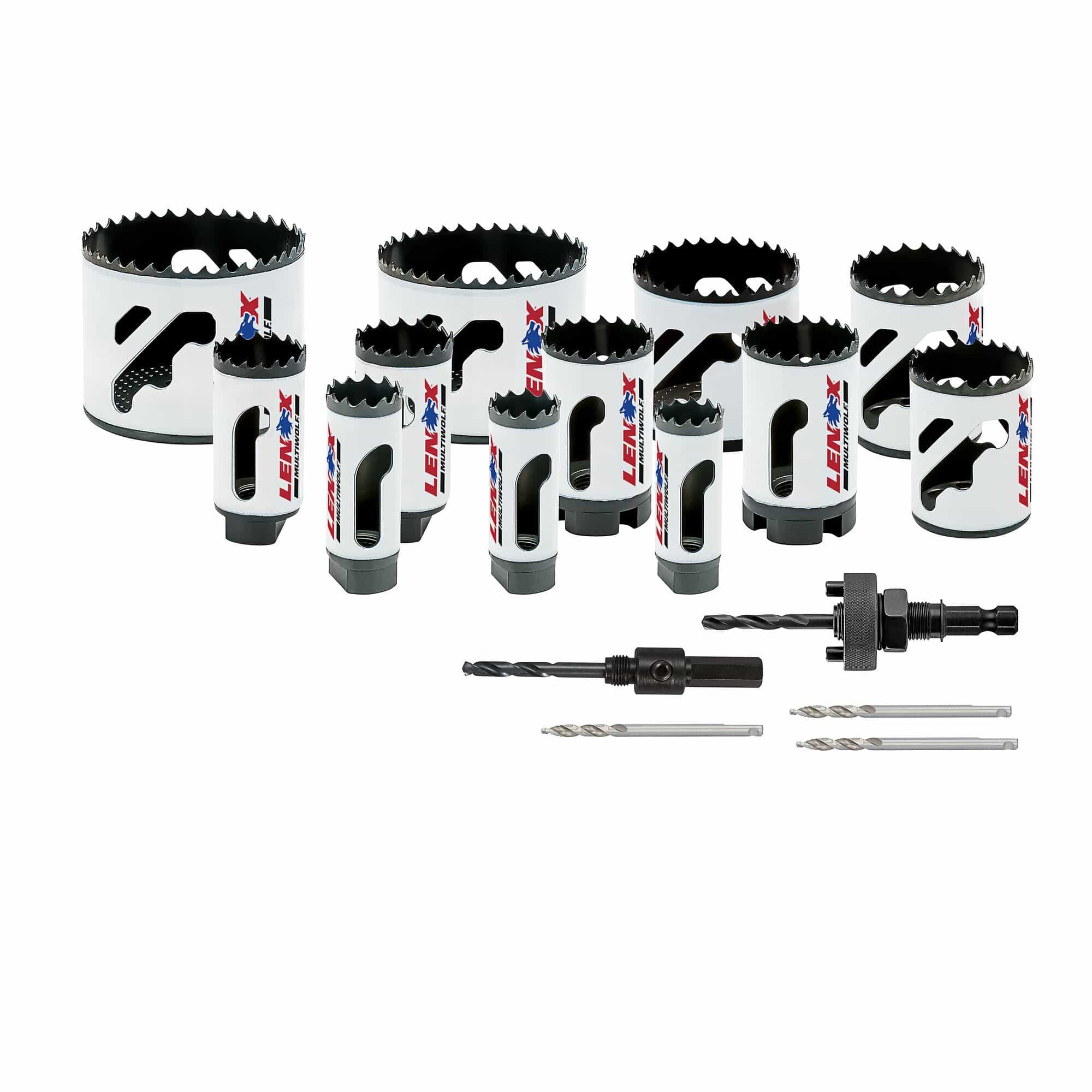 Complete hardware layout of the LENOX 308201200G 17 piece contractor bi-metal hole saw kit displaying twelve high-speed steel hole saws ranging from 0.625 to 3 inches, two universal arbors, and three step bit pilot drills for industrial material penetration.