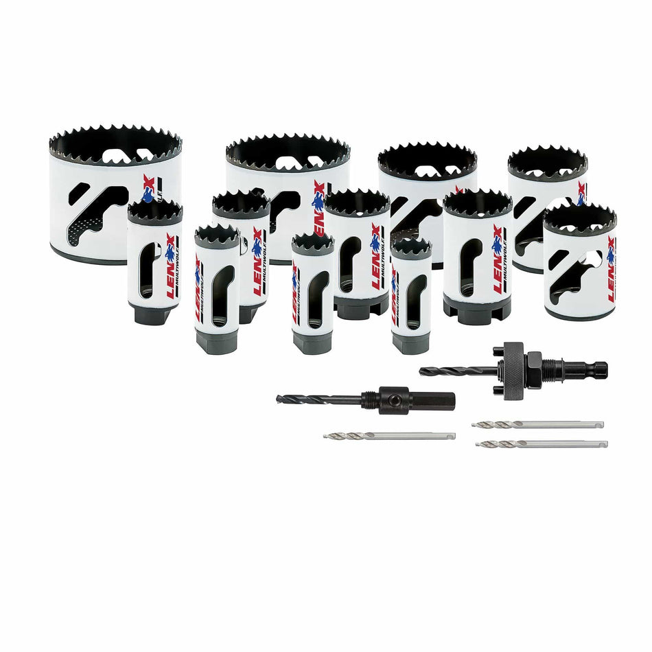 Complete hardware layout of the LENOX 308201200G 17 piece contractor bi-metal hole saw kit displaying twelve high-speed steel hole saws ranging from 0.625 to 3 inches, two universal arbors, and three step bit pilot drills for industrial material penetration.