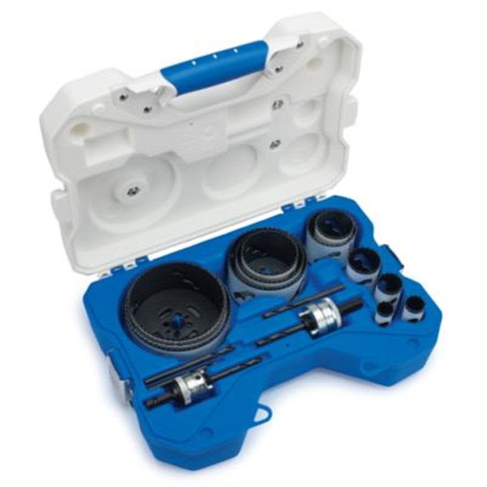 Open white heavy-duty carrying case for the LENOX 308201200G 17 piece contractor hole saw kit featuring a custom molded blue interior tray securely organizing the high-speed steel cutting tools, universal arbors, and step bit pilot drills for safe jobsite transport.