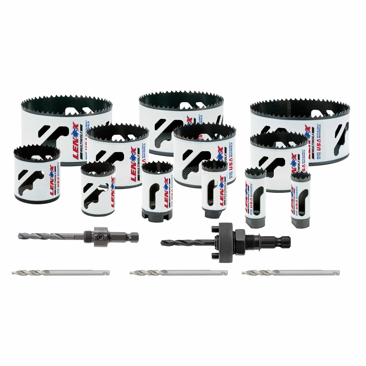 Complete hardware layout of the LENOX 308021200L 17 piece electricians bi metal hole saw kit displaying twelve high speed steel hole saws ranging from 0.75 to 4.75 inches, two universal arbors, and three step bit pilot drills for industrial conduit routing.