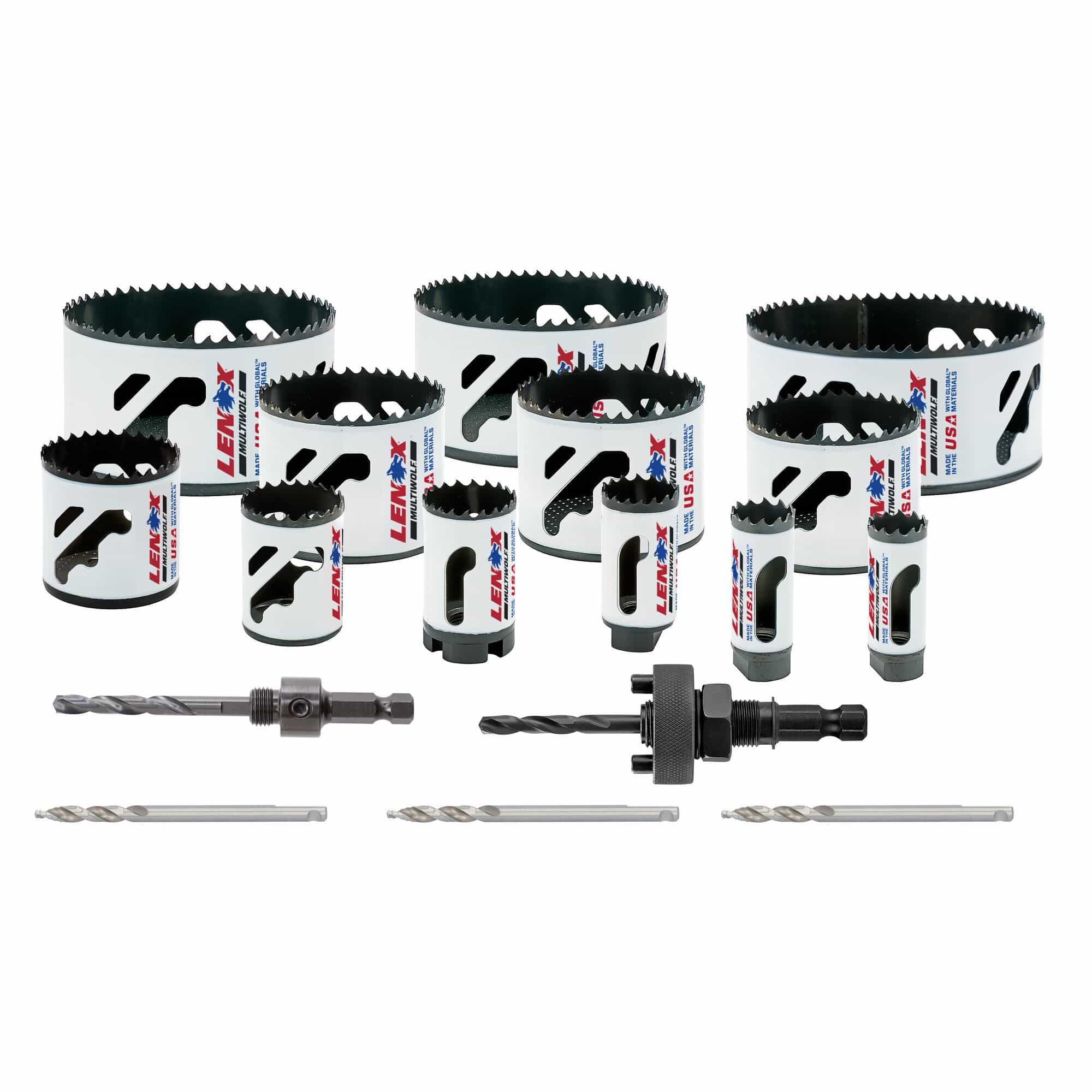 Complete hardware layout of the LENOX 308021200L 17 piece electricians bi metal hole saw kit displaying twelve high speed steel hole saws ranging from 0.75 to 4.75 inches, two universal arbors, and three step bit pilot drills for industrial conduit routing.