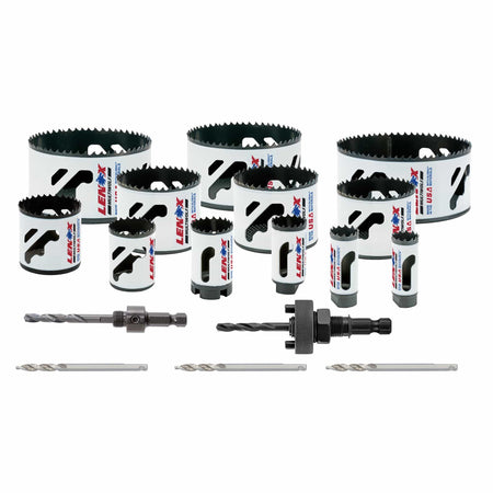 Complete hardware layout of the LENOX 308021200L 17 piece electricians bi metal hole saw kit displaying twelve high speed steel hole saws ranging from 0.75 to 4.75 inches, two universal arbors, and three step bit pilot drills for industrial conduit routing.