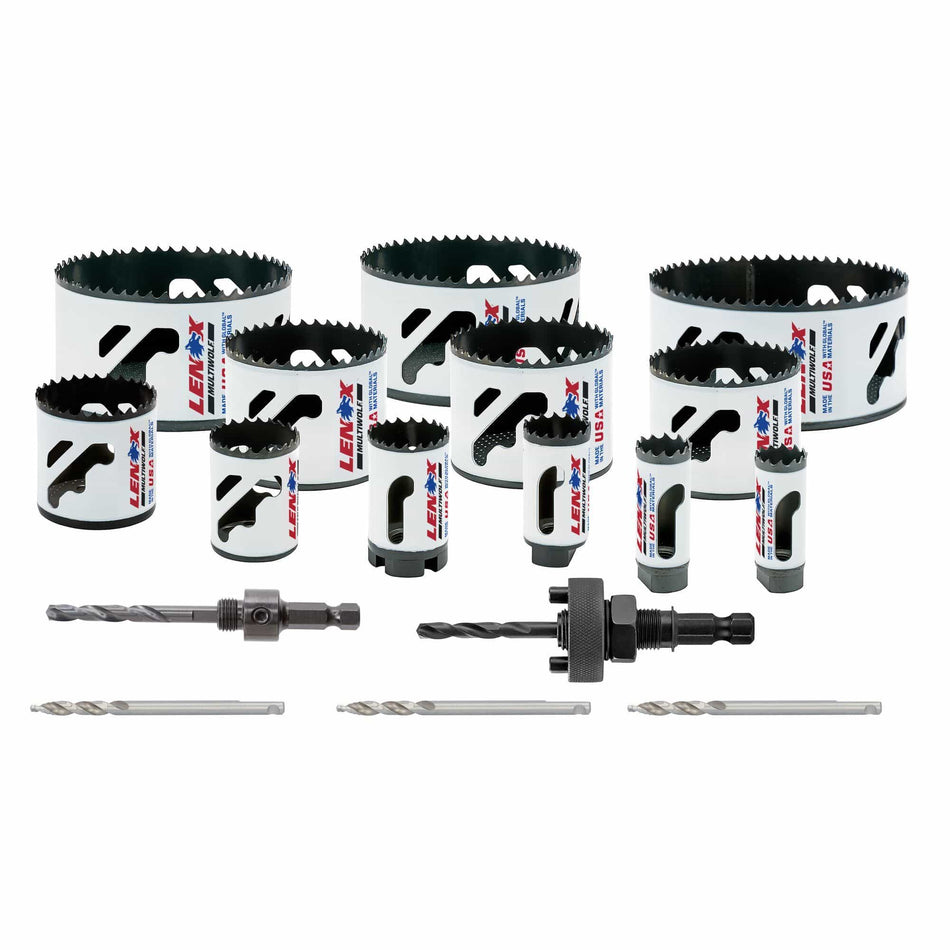 Complete hardware layout of the LENOX 308021200L 17 piece electricians bi metal hole saw kit displaying twelve high speed steel hole saws ranging from 0.75 to 4.75 inches, two universal arbors, and three step bit pilot drills for industrial conduit routing.