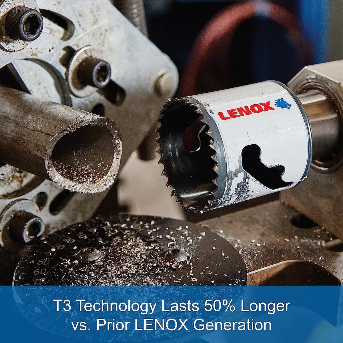 Macro view of a LENOX bi metal hole saw after successfully boring a circular hole through a metal pipe, demonstrating the advanced T3 technology toothform that lasts 50 percent longer than prior generations in low carbon steel applications.