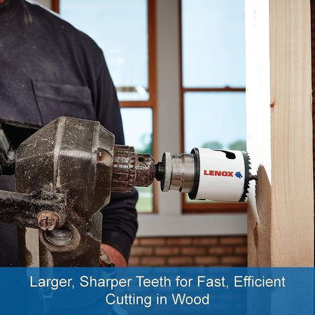 Tradesman using the LENOX 308021200L bi metal hole saw kit to bore through wooden framing, featuring an overlay noting the larger and sharper teeth designed for fast and efficient wood cutting operations.