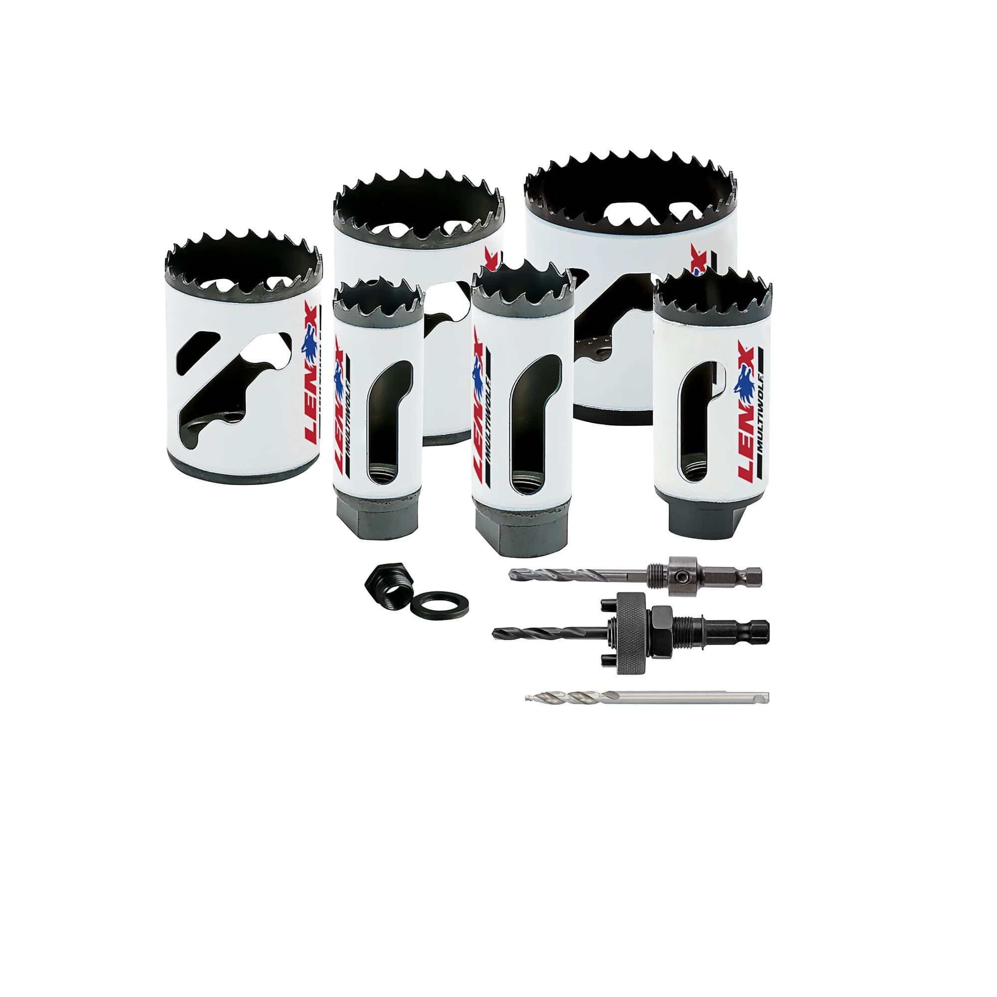 Hardware layout of the LENOX 30808600P 10 piece plumbers bi metal hole saw kit displaying six high speed steel hole saws ranging from 0.75 to 2.5 inches alongside two universal arbors, an arbor adapter, and a step bit pilot drill.