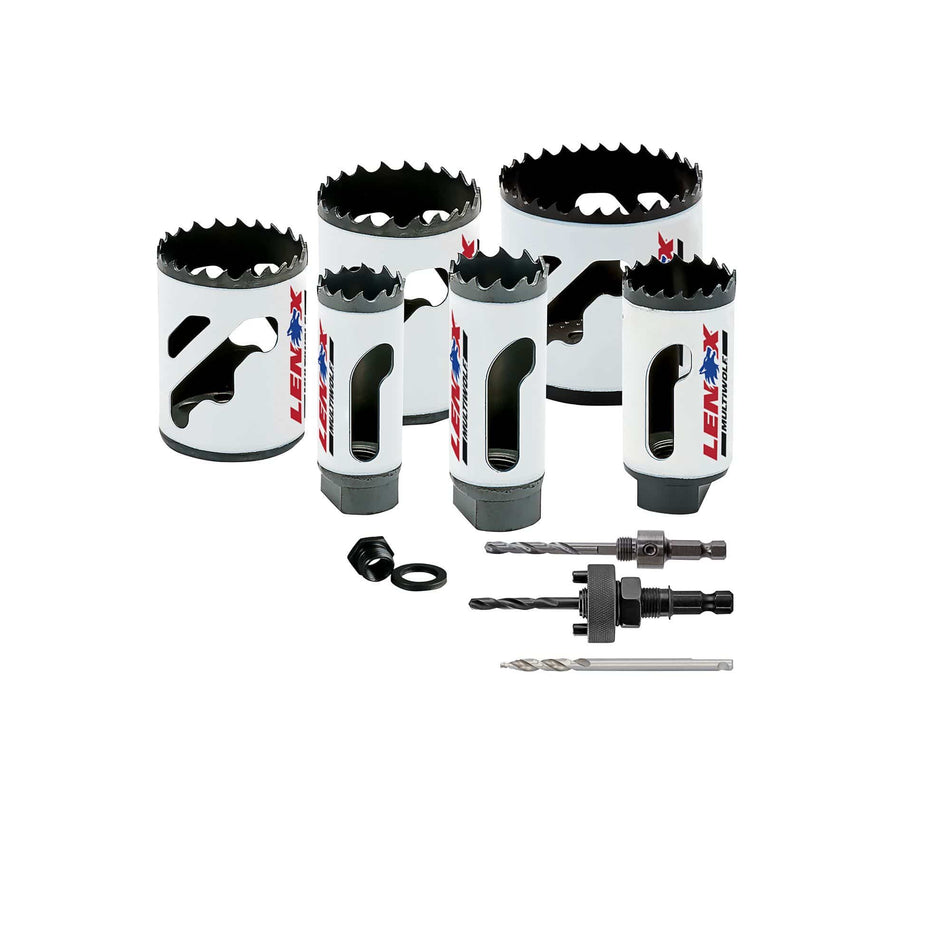 Hardware layout of the LENOX 30808600P 10 piece plumbers bi metal hole saw kit displaying six high speed steel hole saws ranging from 0.75 to 2.5 inches alongside two universal arbors, an arbor adapter, and a step bit pilot drill.