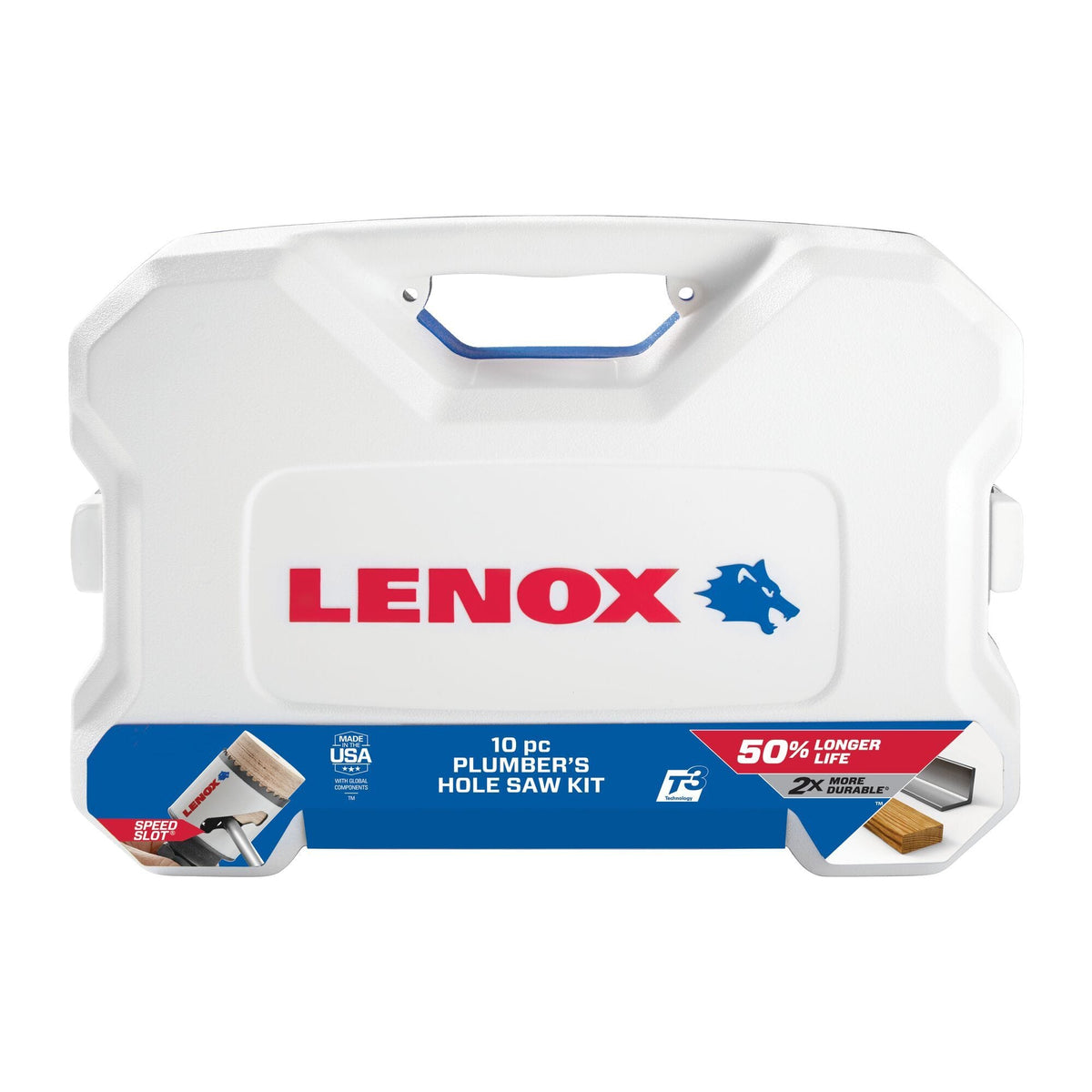 Closed white heavy duty carrying case for the LENOX 30808600P 10 piece plumbers hole saw kit featuring a blue handle and front label highlighting T3 technology and 50 percent longer tool life.