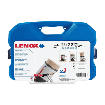 Back panel informational label of the LENOX 30808600P plumbers hole saw kit detailing the exact 0.75 to 2.5 inch cut capacity sizing chart, universal arbor compatibility, and visual instructions for the speed slot plug removal system.