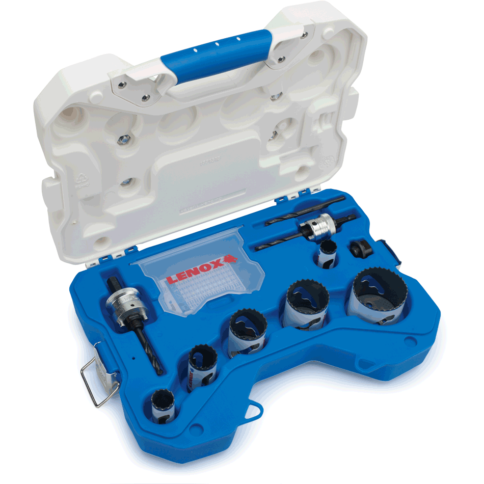 Open heavy duty carrying case for the LENOX 30808600P 10 piece plumbers hole saw kit featuring a custom molded blue interior storage tray securely organizing the six speed slot hole saws, arbors, and pilot drills.