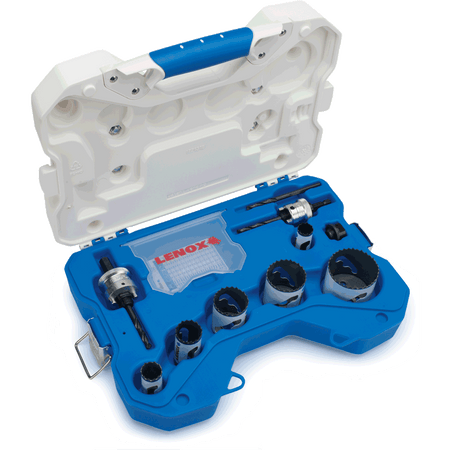 Open heavy duty carrying case for the LENOX 30808600P 10 piece plumbers hole saw kit featuring a custom molded blue interior storage tray securely organizing the six speed slot hole saws, arbors, and pilot drills.