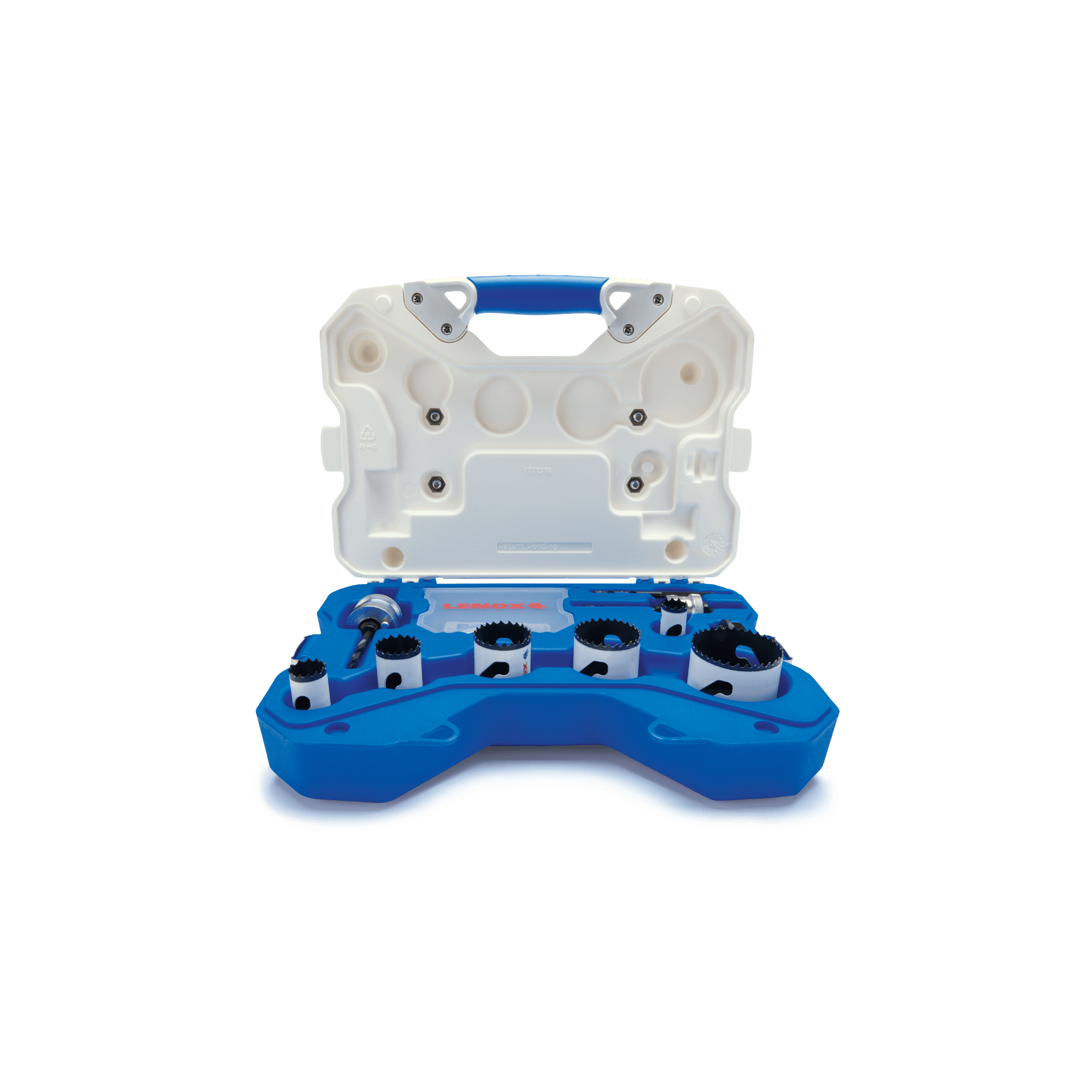 Straight front angle of the open white carrying case for the LENOX plumbers hole saw kit, displaying the bi metal cutting tools and step bit pilot drills nested securely in the blue organizational tray against a black background.