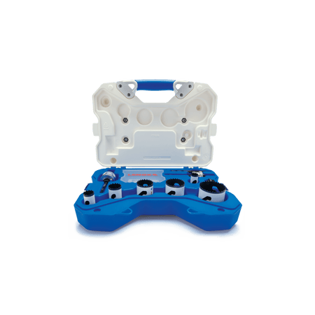 Straight front angle of the open white carrying case for the LENOX plumbers hole saw kit, displaying the bi metal cutting tools and step bit pilot drills nested securely in the blue organizational tray against a black background.