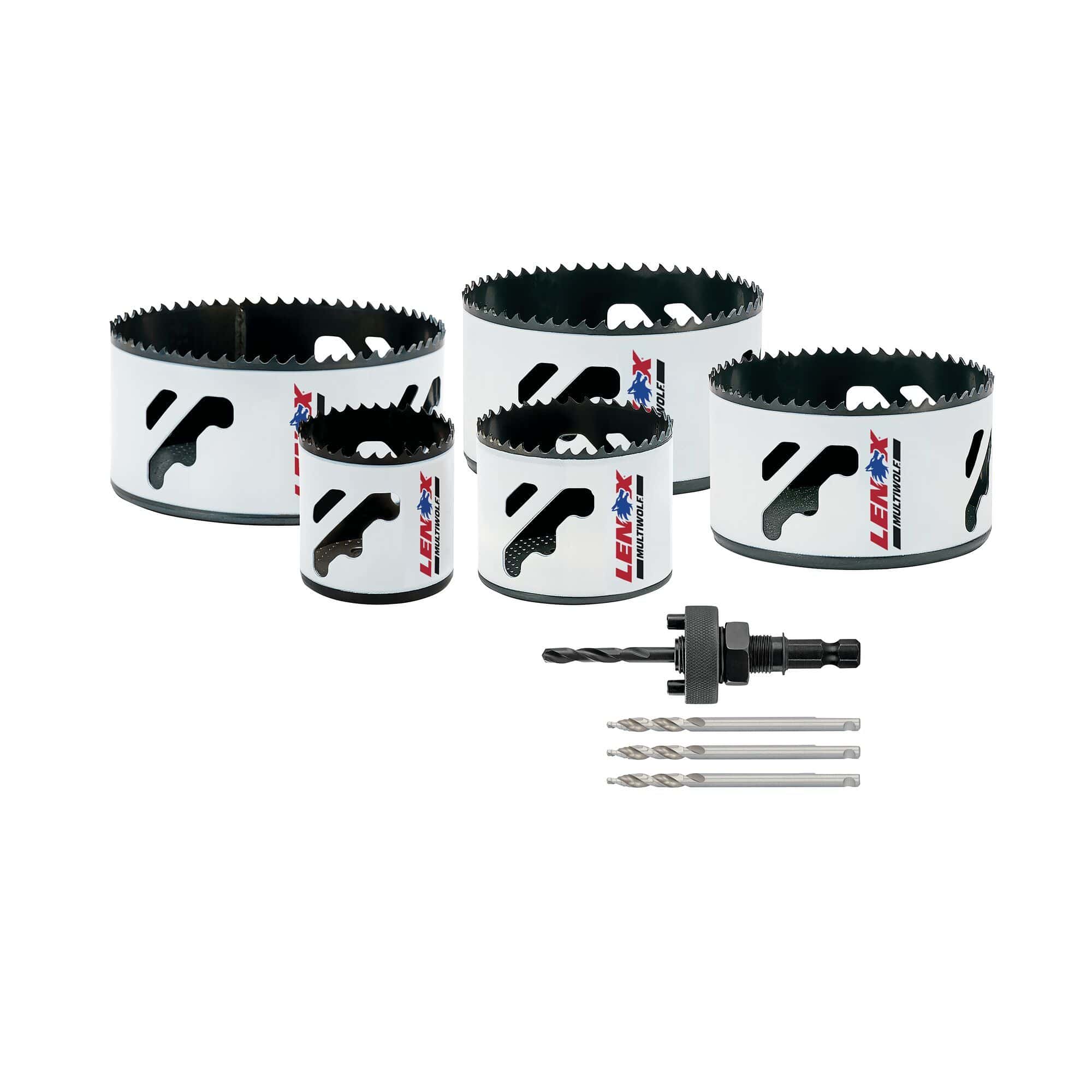 Complete hardware layout of the LENOX 30374500G 5 piece Speed Slot bi-metal hole saw kit displaying five high-speed steel hole saws ranging from 2.125 to 4.75 inches alongside a universal arbor and three step bit pilot drills for industrial steel drilling applications.