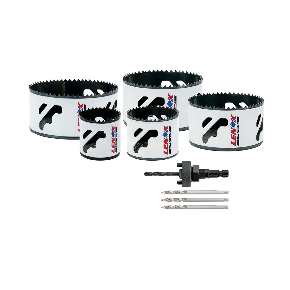 Complete hardware layout of the LENOX 30374500G 5 piece Speed Slot bi-metal hole saw kit displaying five high-speed steel hole saws ranging from 2.125 to 4.75 inches alongside a universal arbor and three step bit pilot drills for industrial steel drilling applications.
