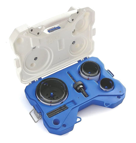 Open white heavy-duty carrying case for the LENOX 30374500G 5 piece bi-metal hole saw kit featuring a custom molded blue interior storage tray that securely organizes the Speed Slot hole saws, universal arbor, and step bit pilot drills for safe jobsite transport.