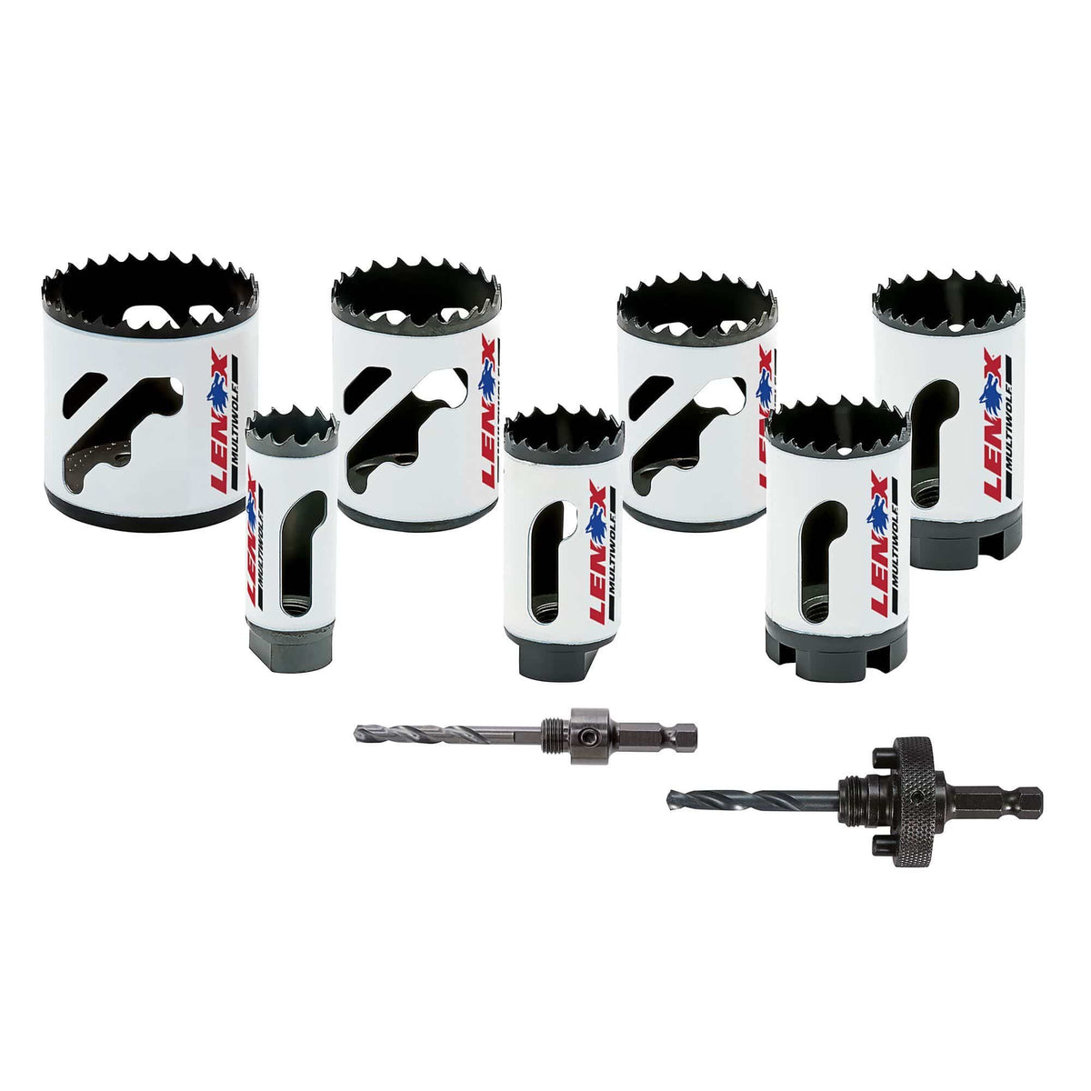 Complete hardware layout of the LENOX 30807700G 9 piece Speed Slot bi metal hole saw kit displaying seven high speed steel hole saws ranging from 0.875 to 2.125 inches and two universal arbors equipped with step bit pilot drills for industrial construction material drilling.