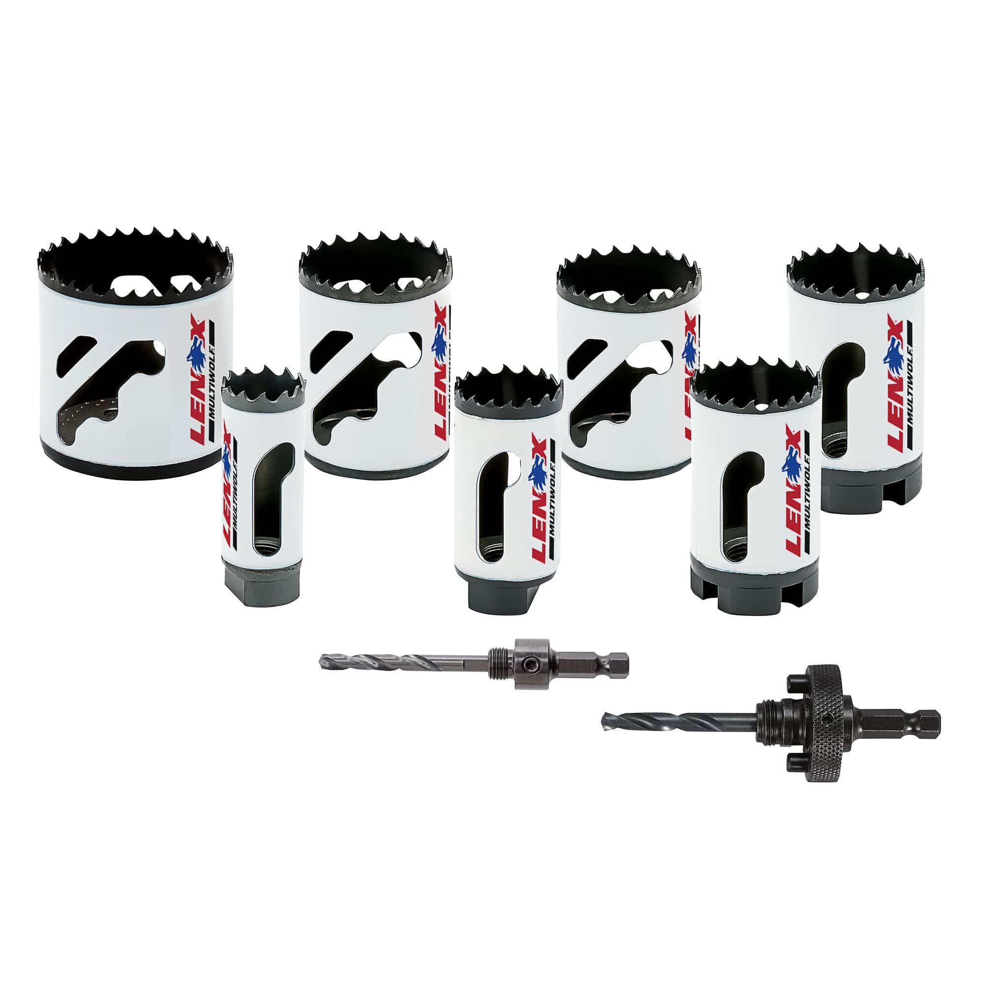 Complete hardware layout of the LENOX 30807700G 9 piece Speed Slot bi metal hole saw kit displaying seven high speed steel hole saws ranging from 0.875 to 2.125 inches and two universal arbors equipped with step bit pilot drills for industrial construction material drilling.