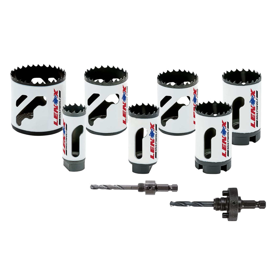 Complete hardware layout of the LENOX 30807700G 9 piece Speed Slot bi metal hole saw kit displaying seven high speed steel hole saws ranging from 0.875 to 2.125 inches and two universal arbors equipped with step bit pilot drills for industrial construction material drilling.