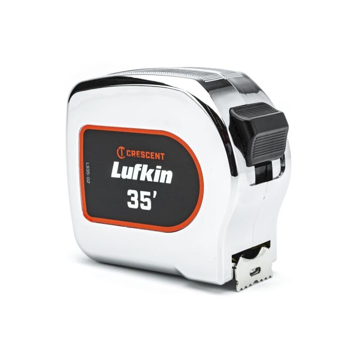 This is a 35-foot tape measure, designed for measuring relatively long distances. It features a durable chrome-plated metal case that provides protection and a polished look. The tape blade itself is yellow, making the printed measurement markings stand out clearly.