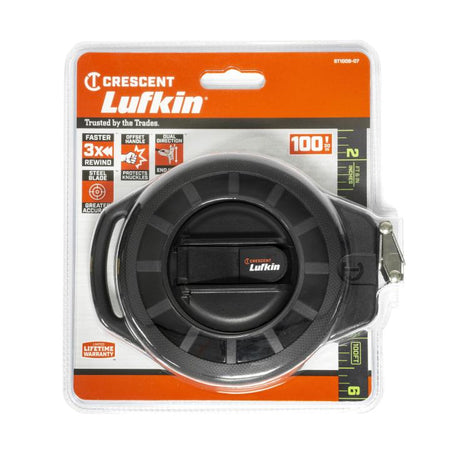 This is a picture of a round, black tool inside a plastic package. The tool is used to measure long distances and has a hook on a string that pulls out. You can feel the brand name "Crescent Lufkin" raised on the package.