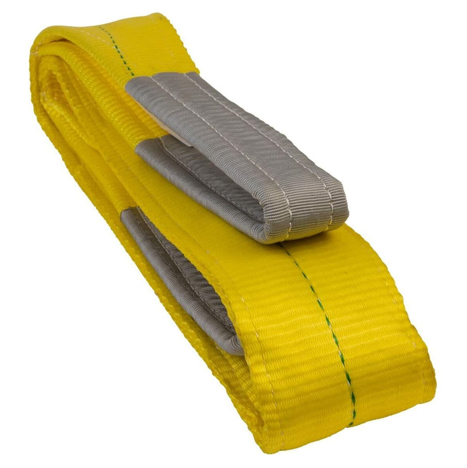 The JET 4-inch wide yellow polyester web sling folded neatly, displaying the durable 2-ply construction and reinforced eye loops.