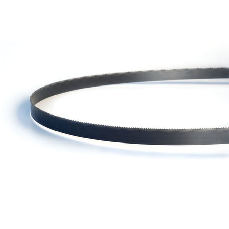 Close-up studio view of a Lenox compact portable band saw blade isolated on a white background. The image highlights the detailed curved loop structure of the high performance 35-3/8-inch bi-metal metalworking blade, showcasing the sharp and uniform 18 TPI cutting teeth designed for clean cuts through medium gauge steel pipe and conduit.