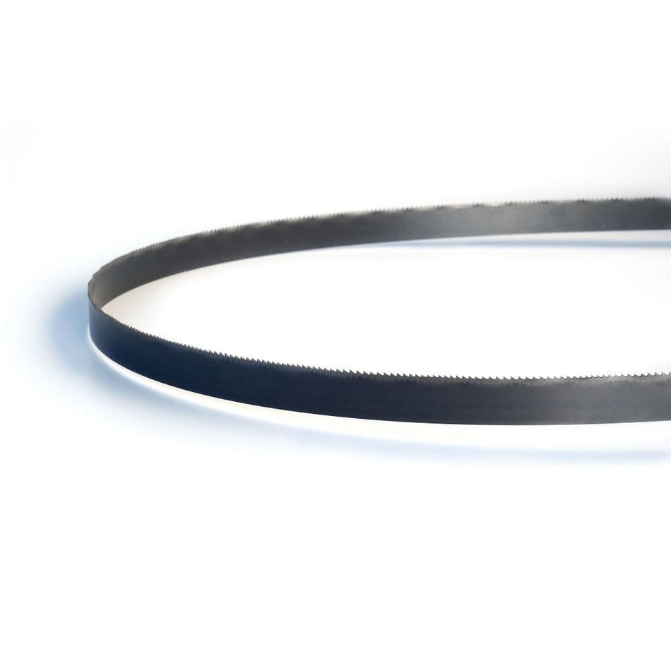 Close-up studio view of a Lenox compact portable band saw blade isolated on a white background. The image highlights the detailed curved loop structure of the high performance 35-3/8-inch bi-metal metalworking blade, showcasing the sharp and uniform 18 TPI cutting teeth designed for clean cuts through medium gauge steel pipe and conduit.