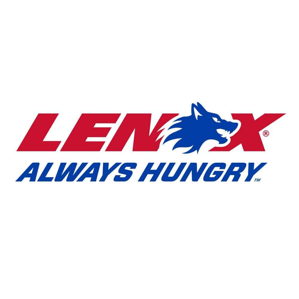 Official brand logo for Lenox Tools featured on a solid white background. The text reads LENOX in a bold, italicized red font with a blue wolf profile silhouette integrated into the letter X, positioned directly above the company slogan ALWAYS HUNGRY printed in a matching bold blue italicized typeface.