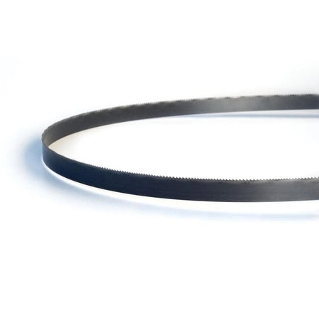 Detail view of the bi-metal band saw blade curve, highlighting the sharp 14/18 TPI variable tooth pitch configuration along the edge.
