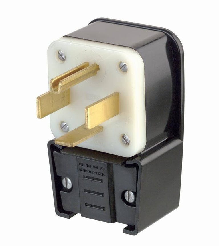 Angled studio shot of the black Leviton 60 Amp angle plug, showcasing the four brass blades in the NEMA 14-60P configuration and the cord clamp assembly.