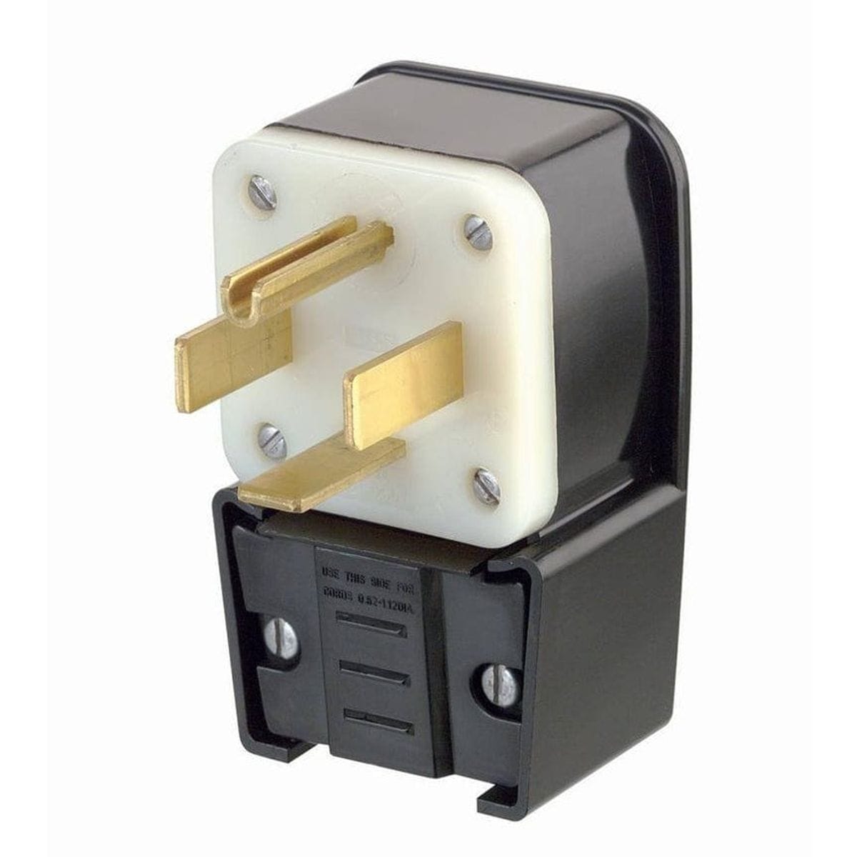 Angled studio shot of the black Leviton 60 Amp angle plug, showcasing the four brass blades in the NEMA 14-60P configuration and the cord clamp assembly.