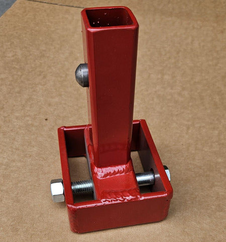 Perspective view of the Little Beaver mobile home anchor adapter showing the heavy-duty welded construction and the centered alignment bolt used for securing tie-down stakes and anchor handles.