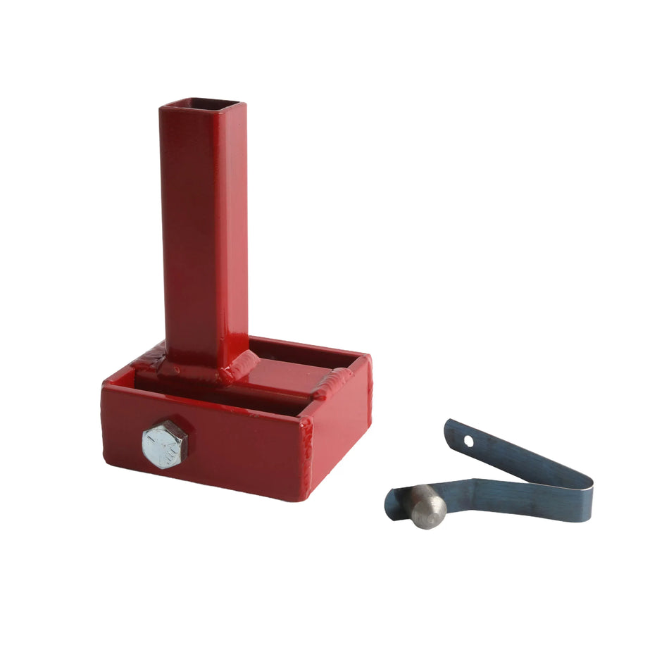 A red powder-coated steel mobile home anchor adapter tool, model 30320, featuring a vertical square tube for drill connection and a specialized base for anchor attachment, shown with an included metal retaining clip.