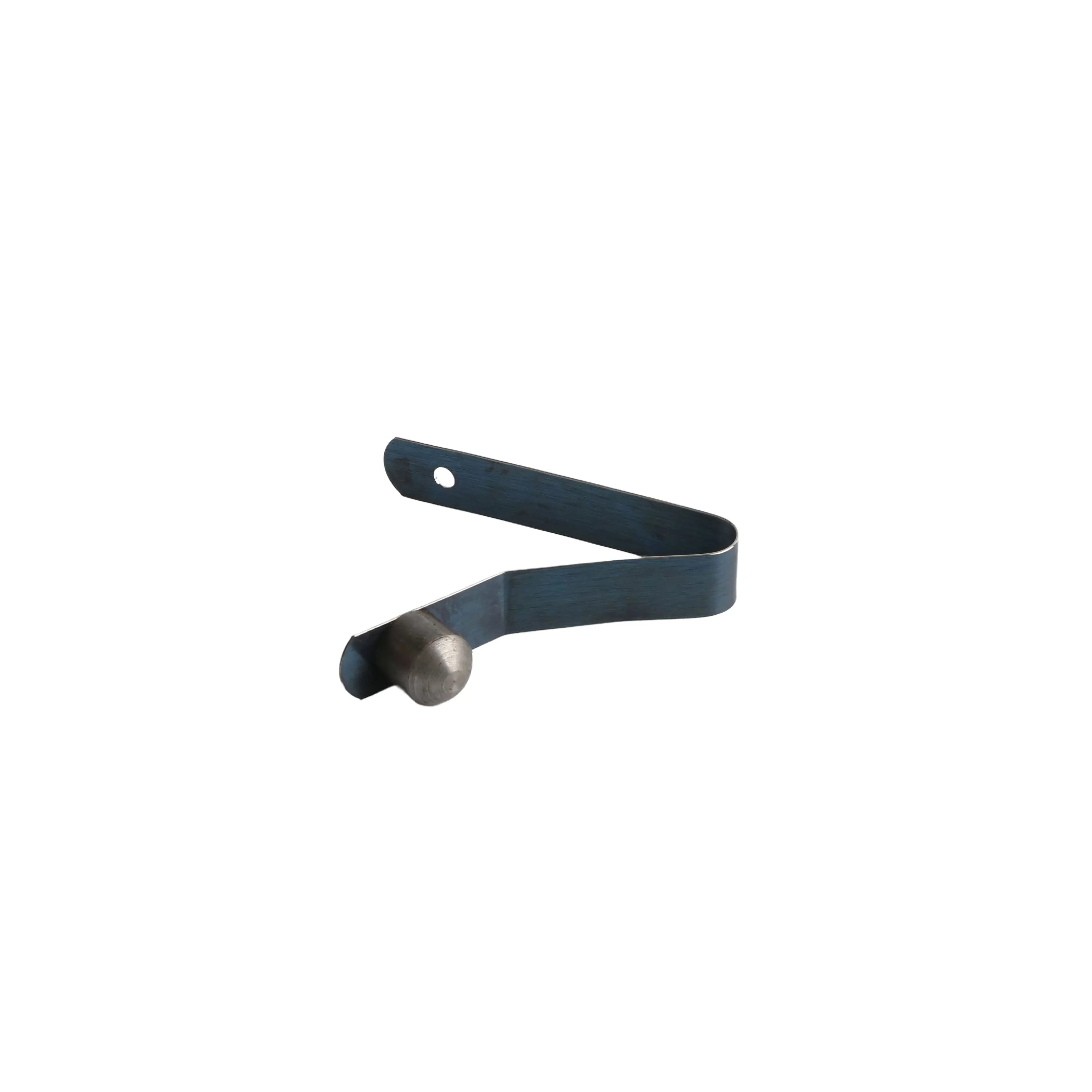 Close-up of the professional-grade V-shaped metal spring clip and locking pin accessory for the Little Beaver anchor adapter, designed for quick-connect and secure tool attachment to hydraulic earth drill handles.