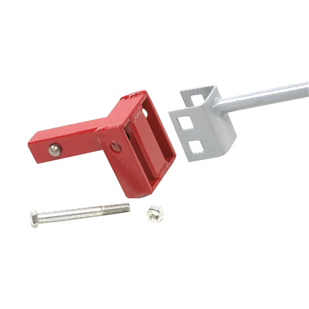 An instructional product layout showing the red Little Beaver anchor adapter alongside a standard anchor handle bar, a mounting bolt, and a nut to demonstrate the assembly process for hydraulic earth drill use.