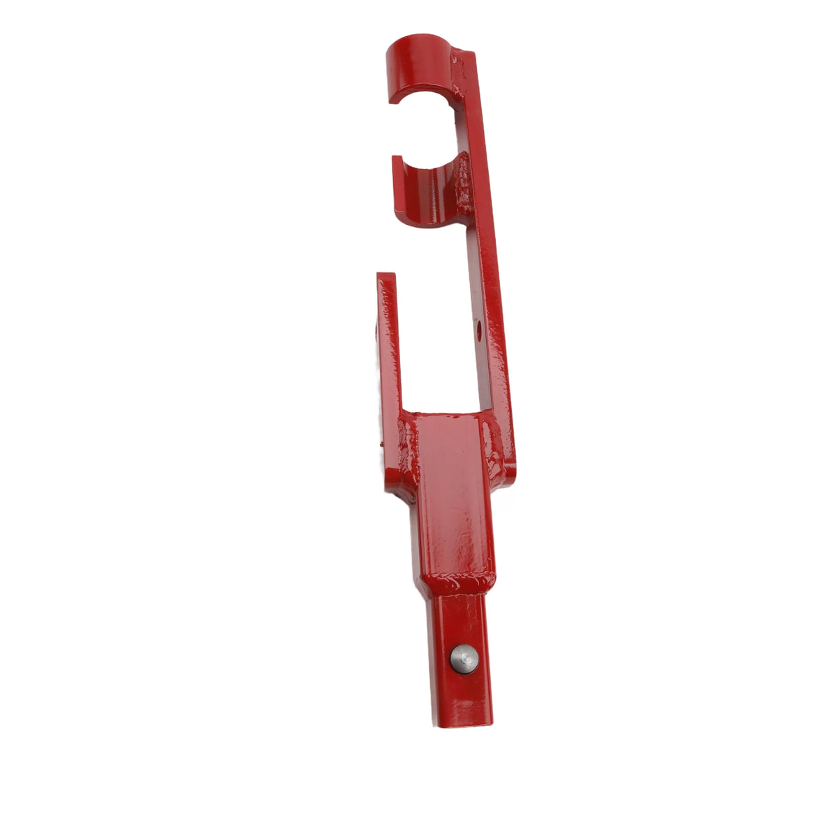 Top-down perspective of the red Little Beaver utility anchor adapter showcasing the specialized cradle design for driving earth anchors at a consistent 60 RPM.