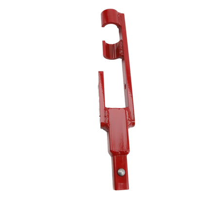 Top-down perspective of the red Little Beaver utility anchor adapter showcasing the specialized cradle design for driving earth anchors at a consistent 60 RPM.