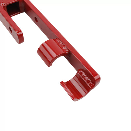 Detailed shot of the secondary support cradle on the Little Beaver red steel utility adapter emphasizing the industrial-grade welds and durable powder-coated finish.