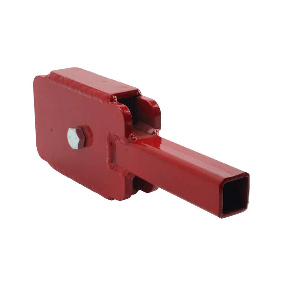 A red powder-coated steel tent stake driver attachment for Little Beaver hydraulic earth drills, featuring a square tube receiver and a heavy-duty U-shaped driver head secured with a steel bolt.