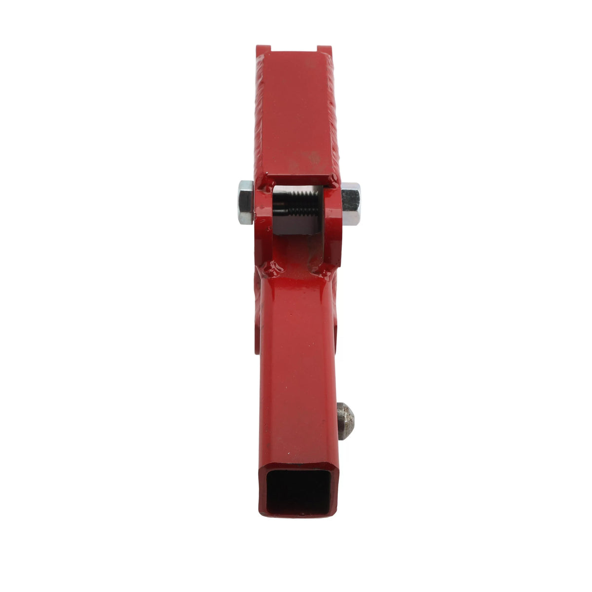 Front-facing vertical view of the 30323 stake driver tool, showcasing the internal channel of the driver head designed to center and secure commercial party tent stakes during high-impact hydraulic installation.