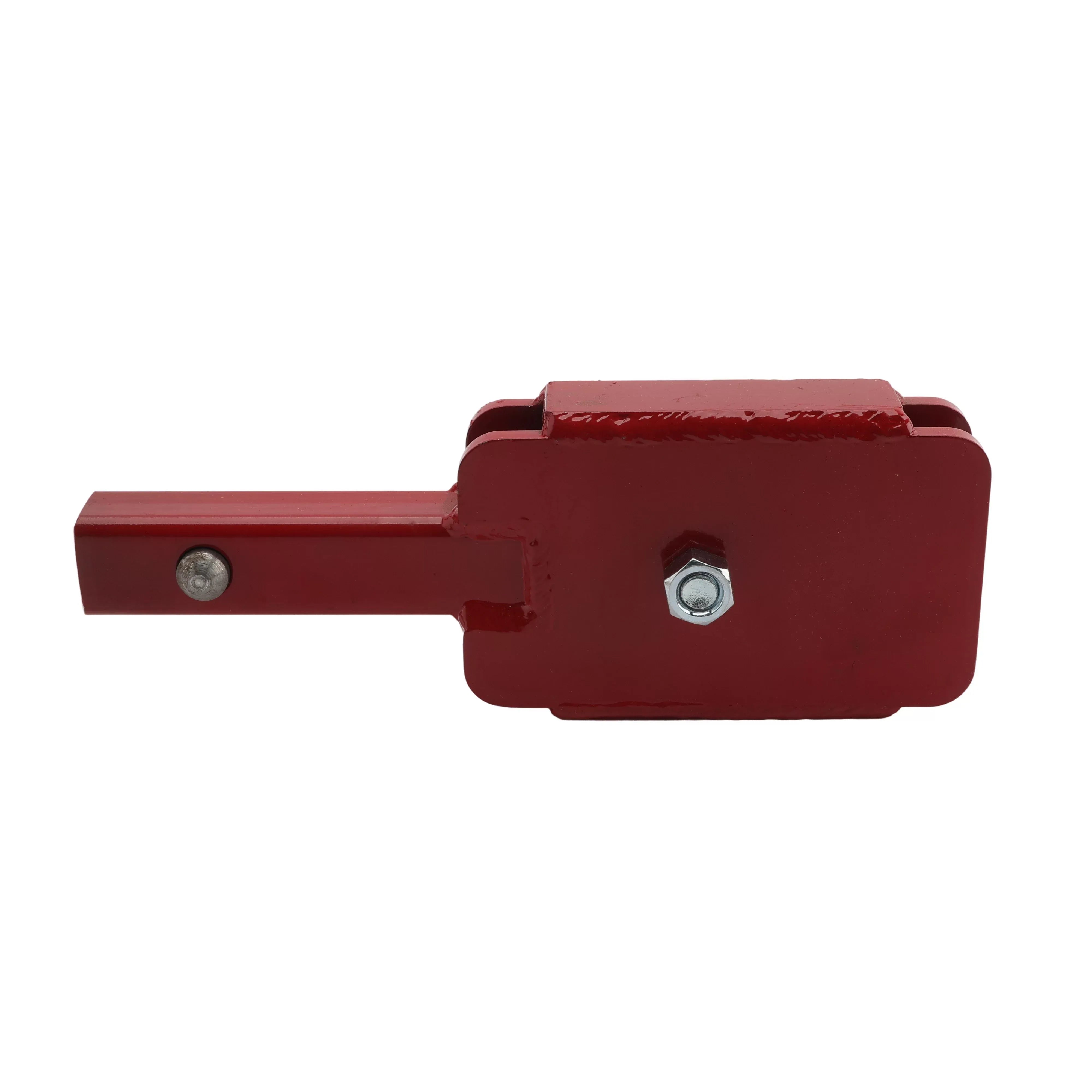 A direct side-view of the professional-grade steel stake driver attachment, emphasizing the robust pivot bolt and the high-torque square drive connection compatible with Little Beaver hydraulic powerheads.