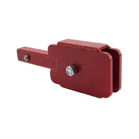 Alternative perspective of the red stake driver tool, illustrating the durable finish and the secondary securement pin on the square drive shaft for safe attachment to hydraulic drill handles.