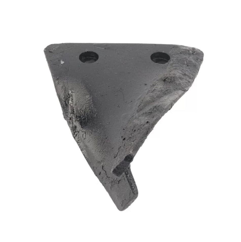 A top-down studio view of the Little Beaver 9027 standard auger replacement point, showing the triangular hardened steel ground breaker design with two pre-drilled bolt-on mounting holes.