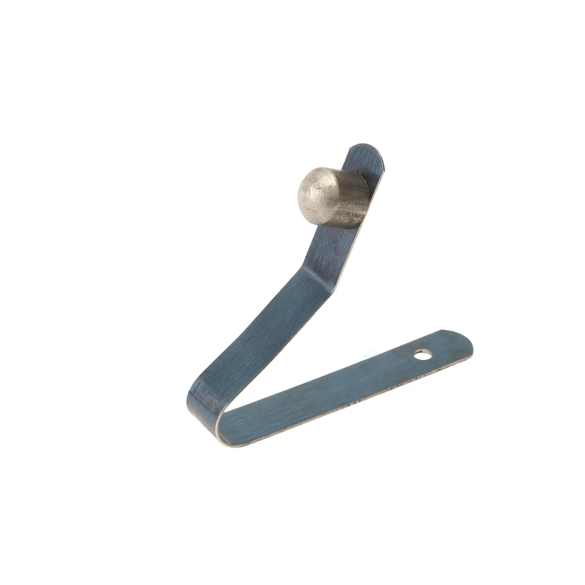 Close-up profile of the Little Beaver 9058 spring steel latch showing the alignment hole and locking detent button.