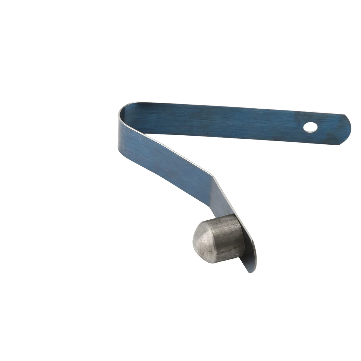Side angle of the Little Beaver 9058 snap button showing the resilient V-bend leaf spring for tool-free auger attachment.