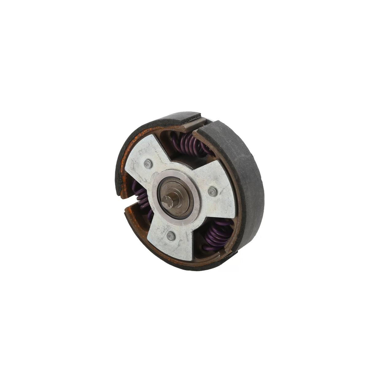 Angled view of the Little Beaver CCO-5# fiber shoe assembly showing three spring-tensioned centrifugal friction shoes.