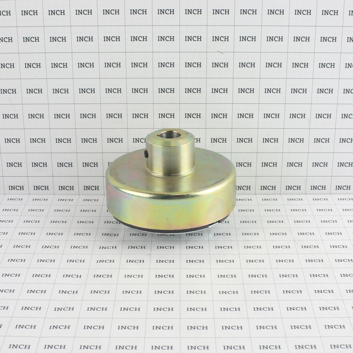 Little Beaver CCO-8# clutch drum measured on an inch grid scale showing the 1-inch shaft bore hub height and drum diameter.