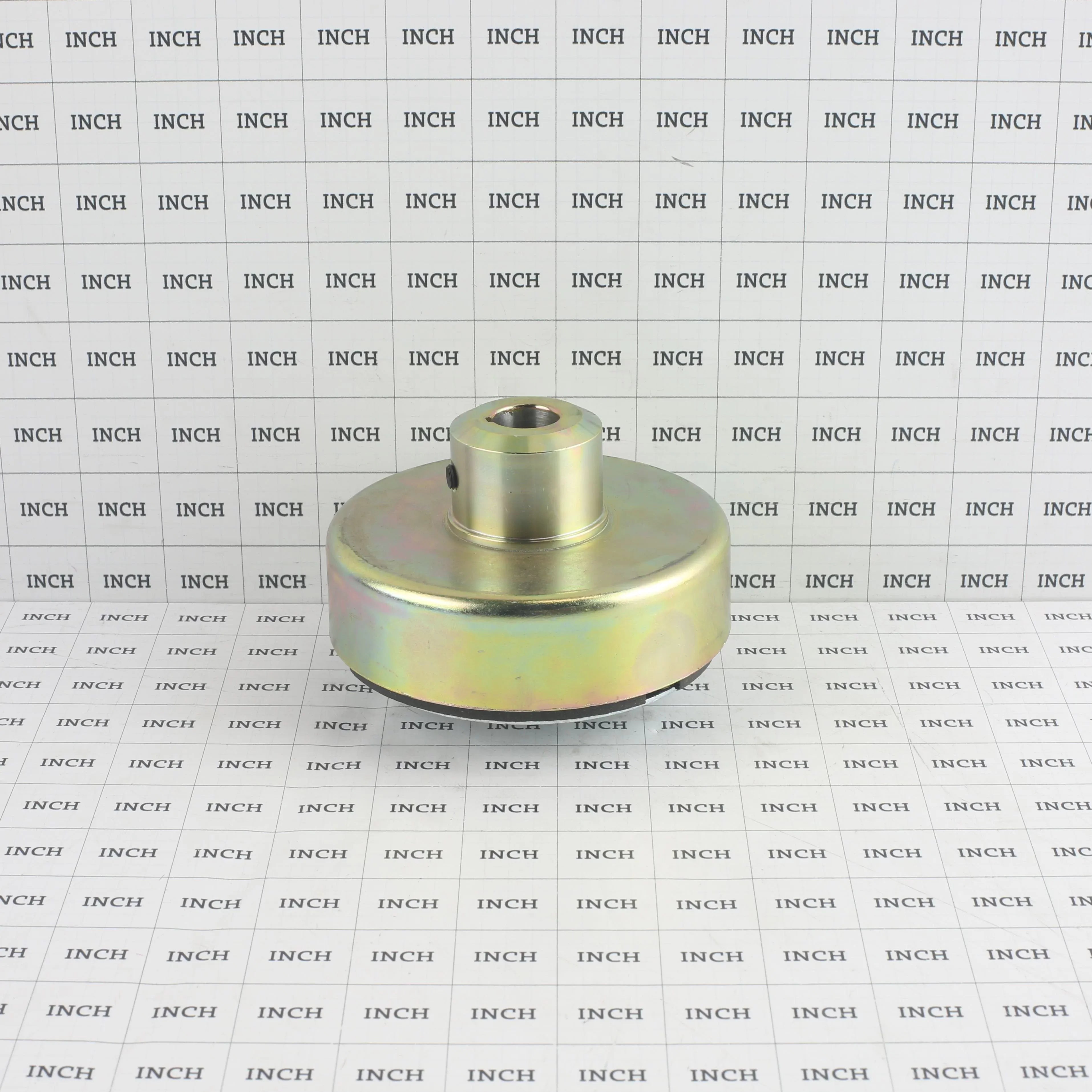 Little Beaver CCO-8# clutch drum measured on an inch grid scale showing the 1-inch shaft bore hub height and drum diameter.